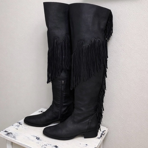 Schutz Kin Black Leather Thigh High Fringe Boots ~Anthropologie ~ Size 9 ~ NWOT - Picture 3 of 16